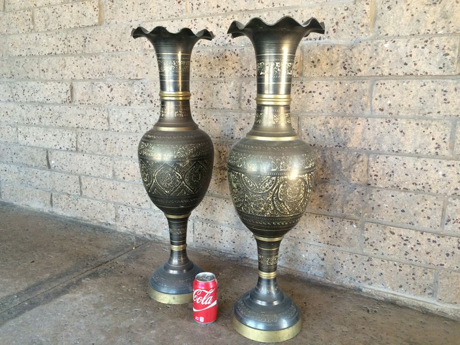 Pair of Tall Engraved Fluted Bronze Vases - 30' Tall x 8' Wide [Photo 2]