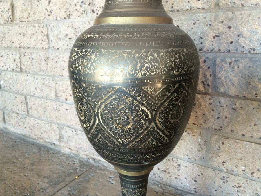 Pair of Tall Engraved Fluted Bronze Vases - 30' Tall x 8' Wide [Photo 4]