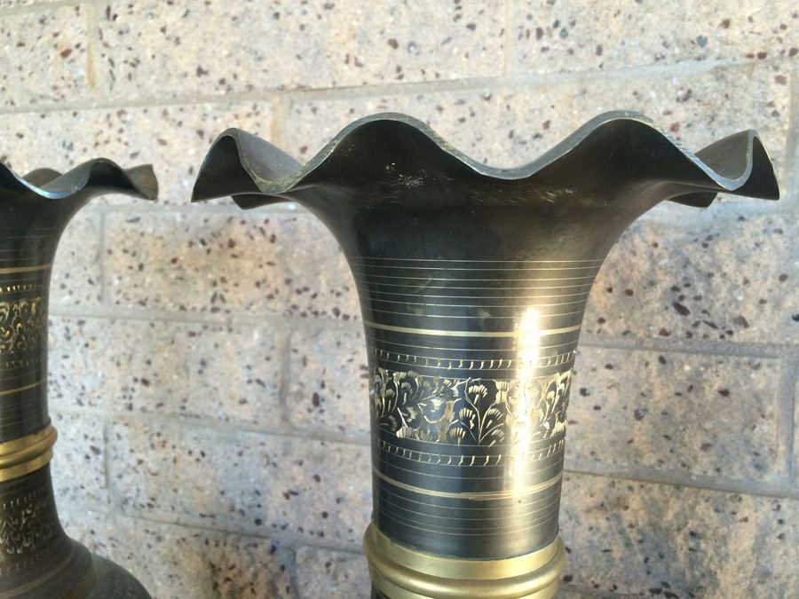 Pair of Tall Engraved Fluted Bronze Vases - 30' Tall x 8' Wide [Photo 6]