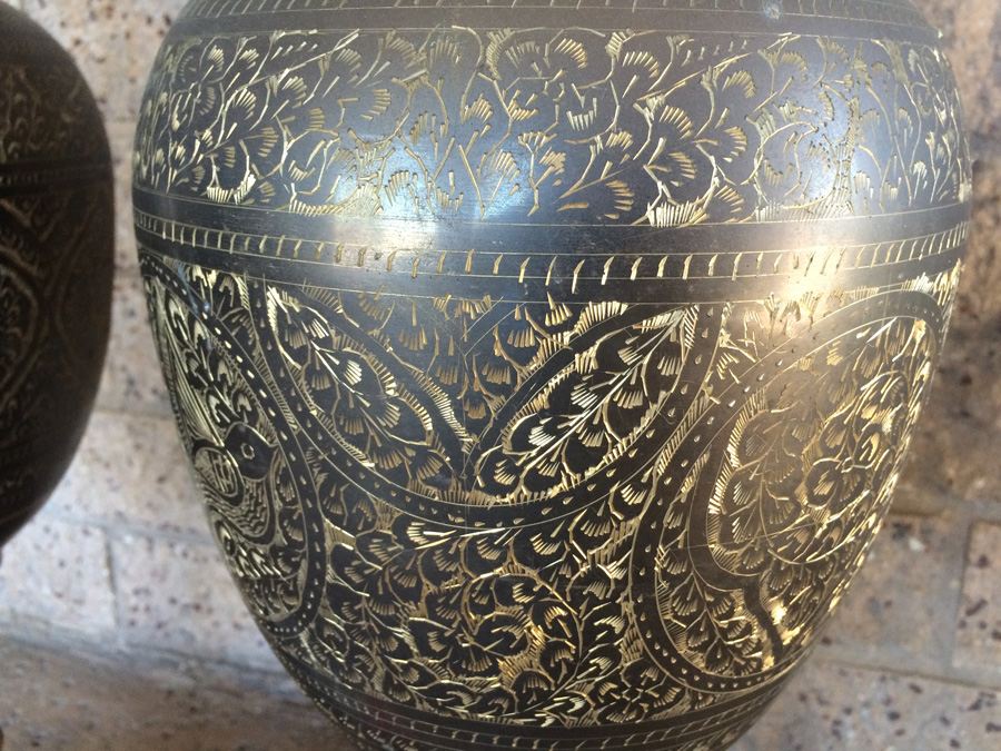 Pair of Tall Engraved Fluted Bronze Vases - 30' Tall x 8' Wide [Photo 3]