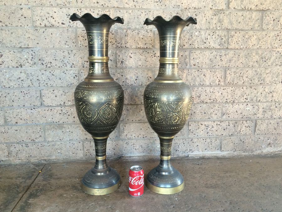 Pair of Tall Engraved Fluted Bronze Vases - 30' Tall x 8' Wide