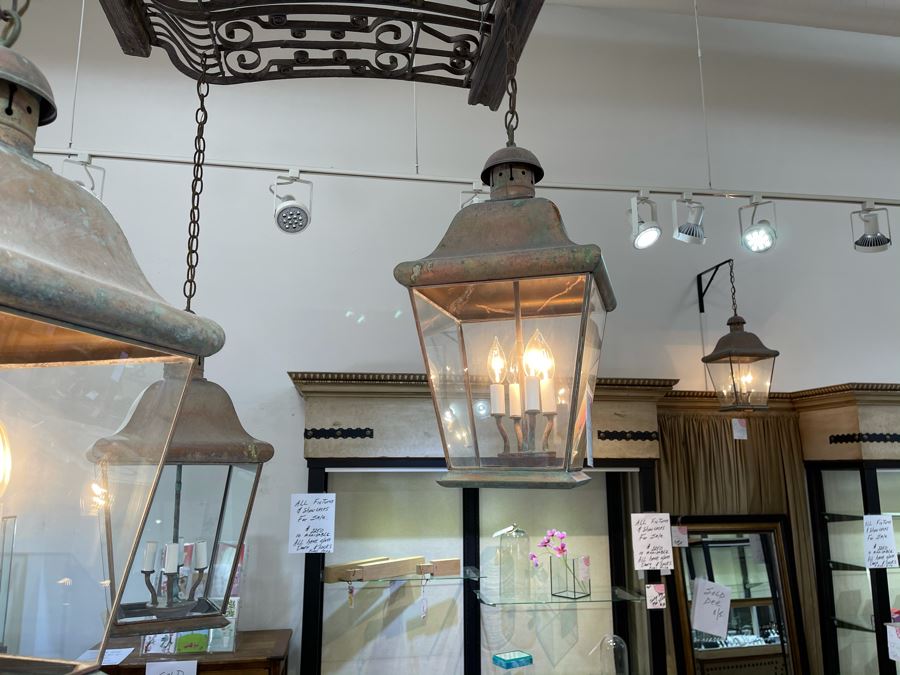 Set Of 3 Copper Lantern Light Fixtures With Wrought Iron And Wood Gate For Hanging - Lanterns Measure 12'W X 22'H - Gate Measures Apx 40'W X 29'H - 3 Lanterns Retails For $2,200 Without Gate [Photo 4]