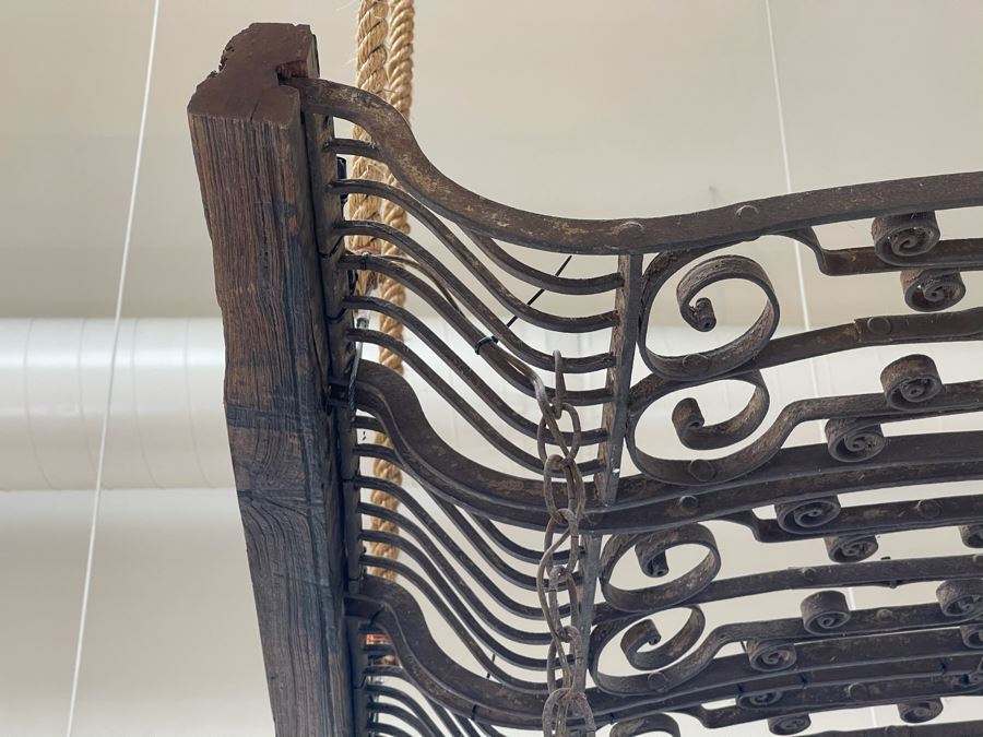 Set Of 3 Copper Lantern Light Fixtures With Wrought Iron And Wood Gate For Hanging - Lanterns Measure 12'W X 22'H - Gate Measures Apx 40'W X 29'H - 3 Lanterns Retails For $2,200 Without Gate [Photo 7]