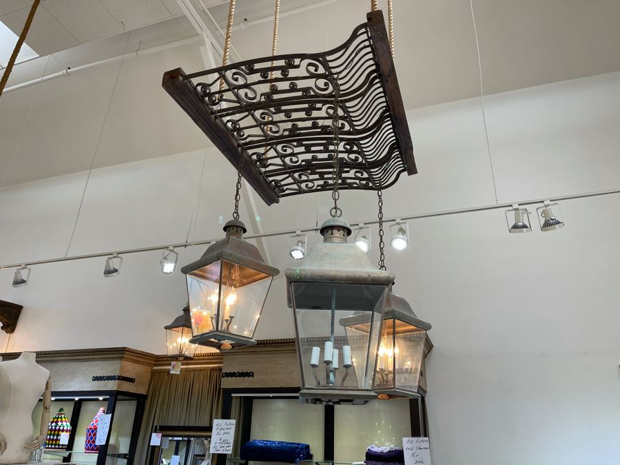 Set Of 3 Copper Lantern Light Fixtures With Wrought Iron And Wood Gate For Hanging - Lanterns Measure 12'W X 22'H - Gate Measures Apx 40'W X 29'H - 3 Lanterns Retails For $2,200 Without Gate [Photo 10]