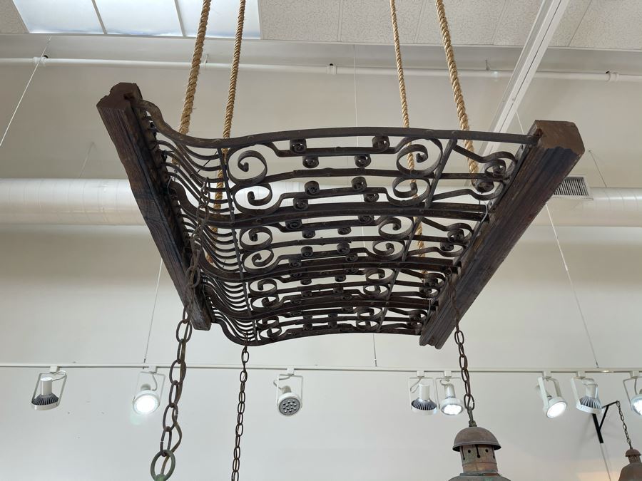 Set Of 3 Copper Lantern Light Fixtures With Wrought Iron And Wood Gate For Hanging - Lanterns Measure 12'W X 22'H - Gate Measures Apx 40'W X 29'H - 3 Lanterns Retails For $2,200 Without Gate [Photo 6]