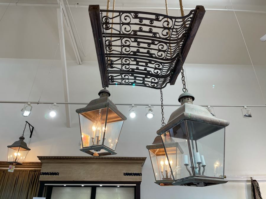Set Of 3 Copper Lantern Light Fixtures With Wrought Iron And Wood Gate For Hanging - Lanterns Measure 12'W X 22'H - Gate Measures Apx 40'W X 29'H - 3 Lanterns Retails For $2,200 Without Gate [Photo 12]