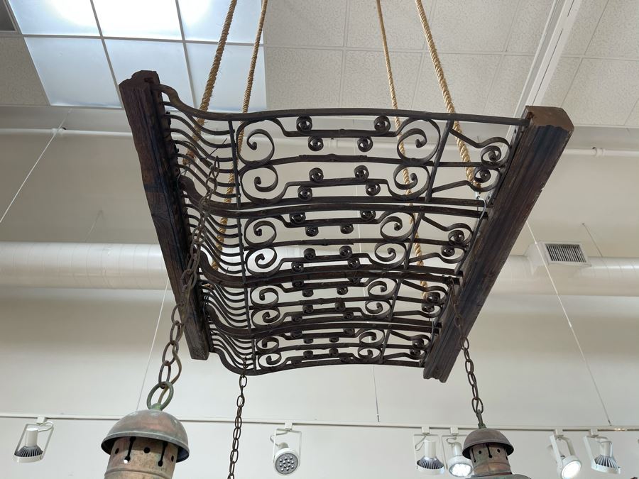 Set Of 3 Copper Lantern Light Fixtures With Wrought Iron And Wood Gate For Hanging - Lanterns Measure 12'W X 22'H - Gate Measures Apx 40'W X 29'H - 3 Lanterns Retails For $2,200 Without Gate [Photo 5]