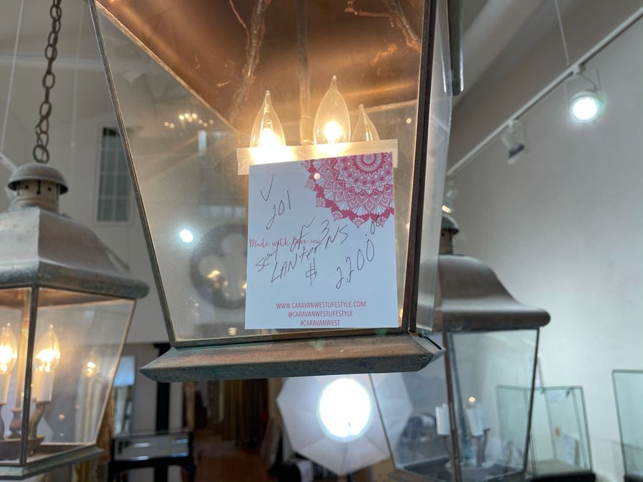 Set Of 3 Copper Lantern Light Fixtures With Wrought Iron And Wood Gate For Hanging - Lanterns Measure 12'W X 22'H - Gate Measures Apx 40'W X 29'H - 3 Lanterns Retails For $2,200 Without Gate [Photo 13]