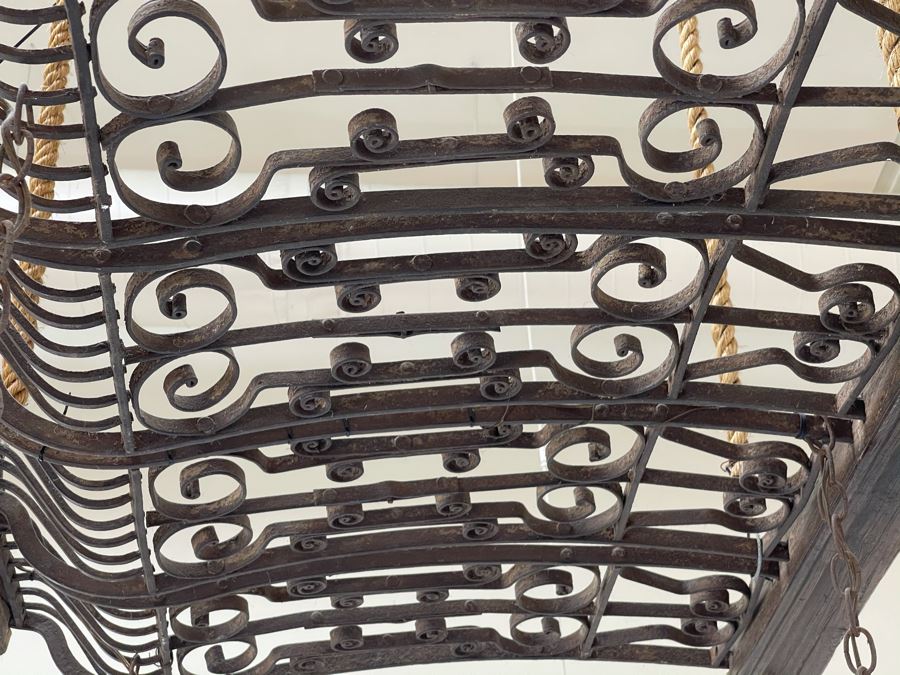 Set Of 3 Copper Lantern Light Fixtures With Wrought Iron And Wood Gate For Hanging - Lanterns Measure 12'W X 22'H - Gate Measures Apx 40'W X 29'H - 3 Lanterns Retails For $2,200 Without Gate [Photo 8]
