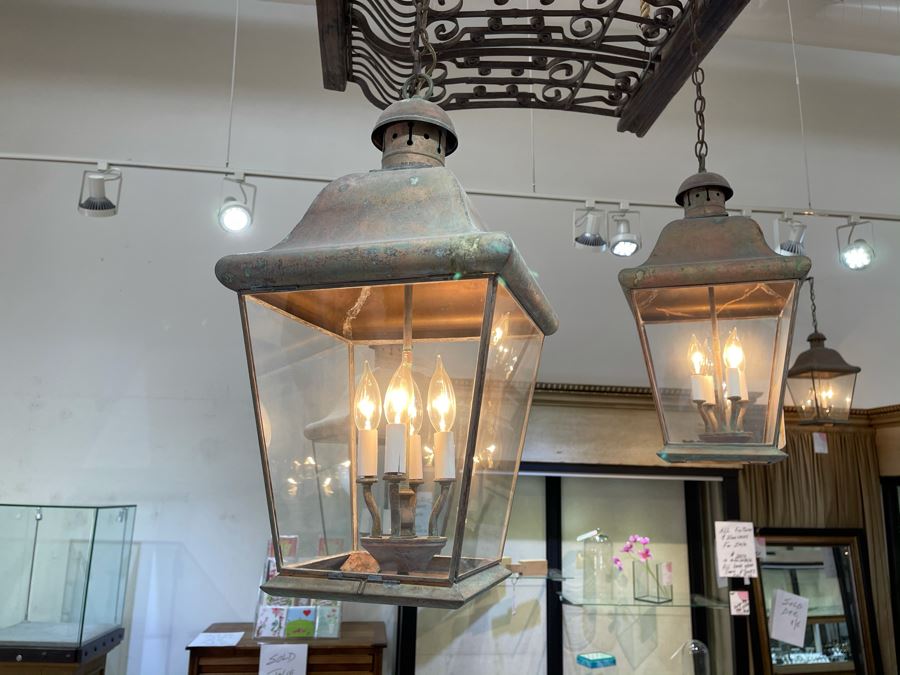 Set Of 3 Copper Lantern Light Fixtures With Wrought Iron And Wood Gate For Hanging - Lanterns Measure 12'W X 22'H - Gate Measures Apx 40'W X 29'H - 3 Lanterns Retails For $2,200 Without Gate [Photo 3]