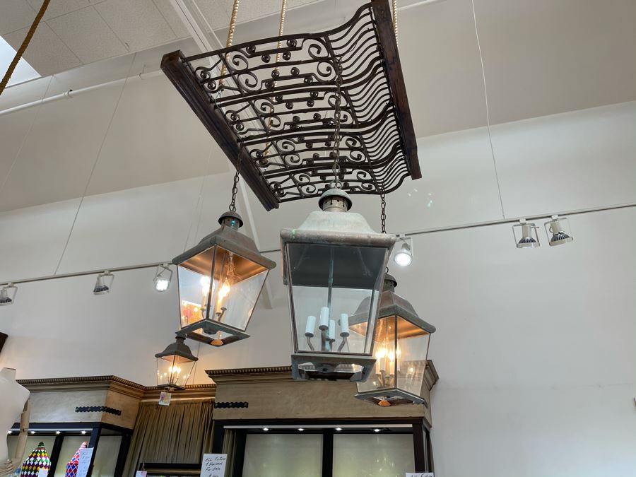Set Of 3 Copper Lantern Light Fixtures With Wrought Iron And Wood Gate For Hanging - Lanterns Measure 12'W X 22'H - Gate Measures Apx 40'W X 29'H - 3 Lanterns Retails For $2,200 Without Gate [Photo 11]