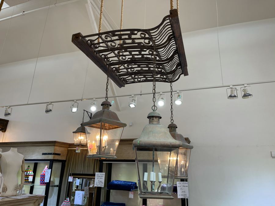 Set Of 3 Copper Lantern Light Fixtures With Wrought Iron And Wood Gate For Hanging - Lanterns Measure 12'W X 22'H - Gate Measures Apx 40'W X 29'H - 3 Lanterns Retails For $2,200 Without Gate [Photo 9]