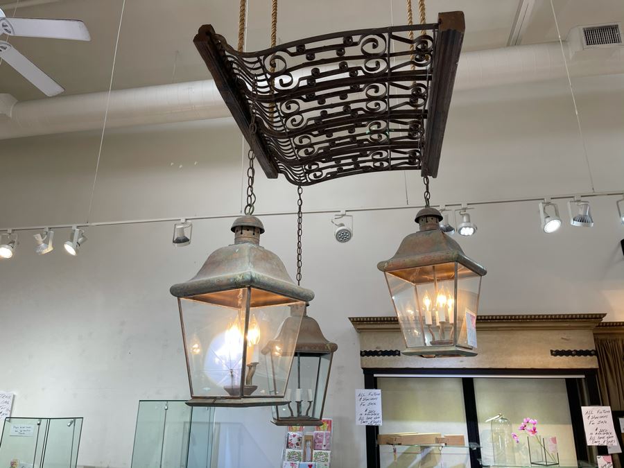 Set Of 3 Copper Lantern Light Fixtures With Wrought Iron And Wood Gate For Hanging - Lanterns Measure 12'W X 22'H - Gate Measures Apx 40'W X 29'H - 3 Lanterns Retails For $2,200 Without Gate [Photo 2]