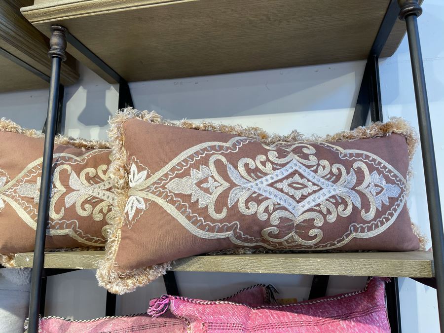 Pair Of Organic Fabric & Dyes Handmade Embroidery Pillows 24' X 12' Retails $220 [Photo 2]