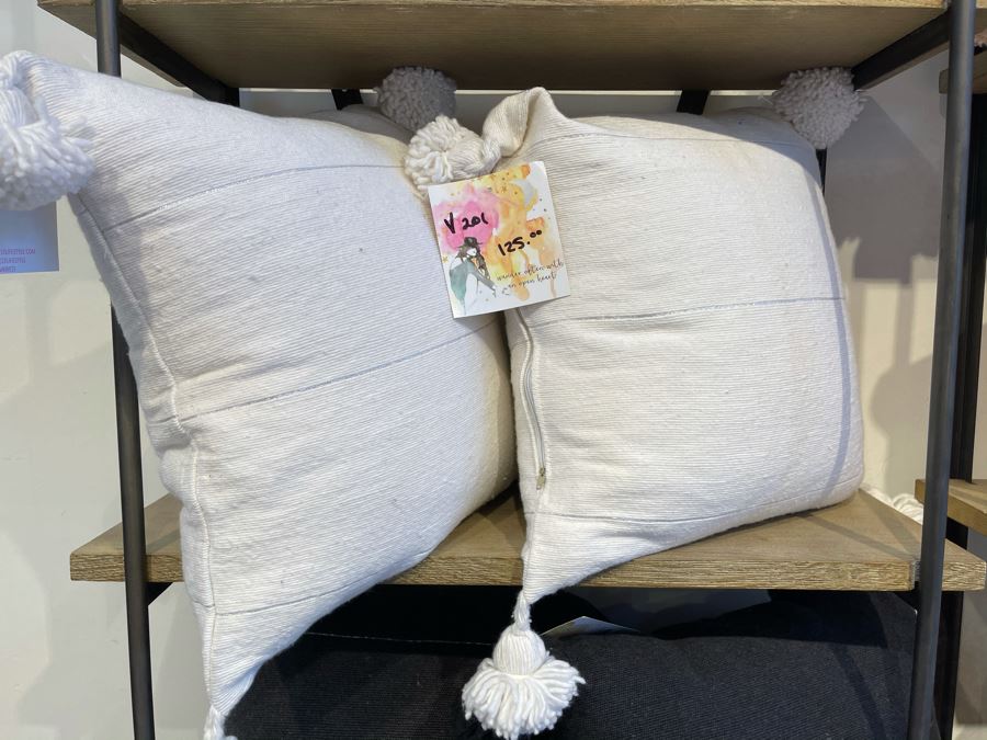 Pair Of White Cotton Pom Pom Pillows 15' X 15' Retails $250 [Photo 2]