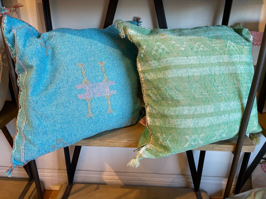Pair Of Moroccan Handmade Cactus Silk Organic Pillows 17' X 15' Retails $310 [Photo 2]
