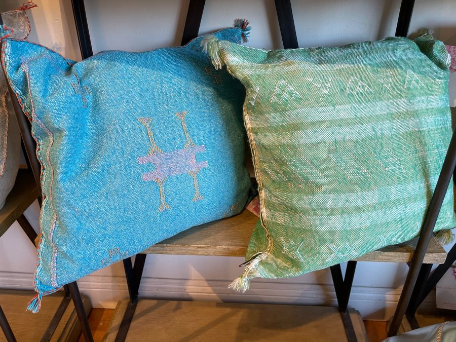 Pair Of Moroccan Handmade Cactus Silk Organic Pillows 17' X 15' Retails $310