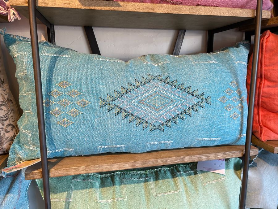 Large Moroccan Handmade Cactus Silk Organic Pillow Blue Retails $225 [Photo 2]