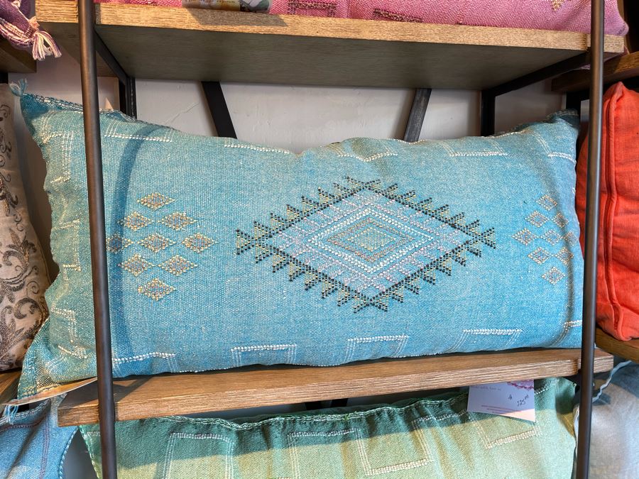 Large Moroccan Handmade Cactus Silk Organic Pillow Blue Retails $225