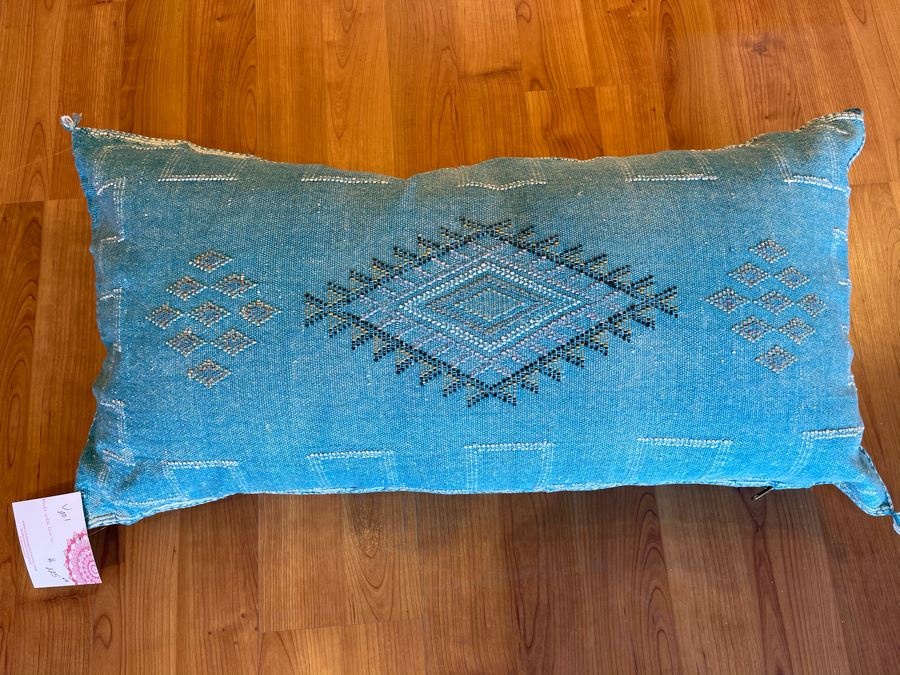 Large Moroccan Handmade Cactus Silk Organic Pillow Blue Retails $225 [Photo 3]
