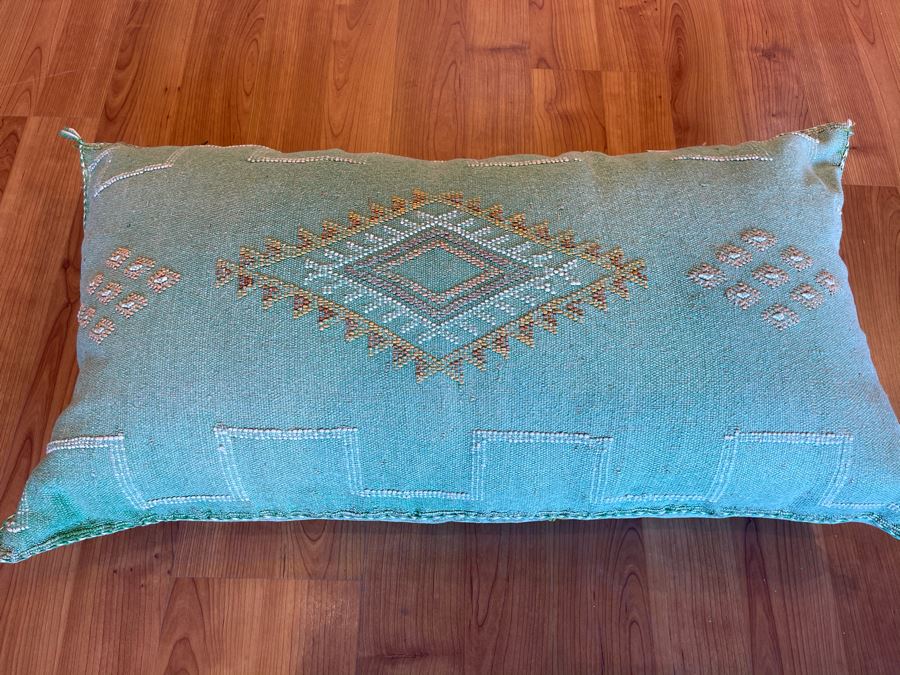 Large Moroccan Handmade Cactus Silk Organic Pillow Ocean Green Retails $225 [Photo 4]