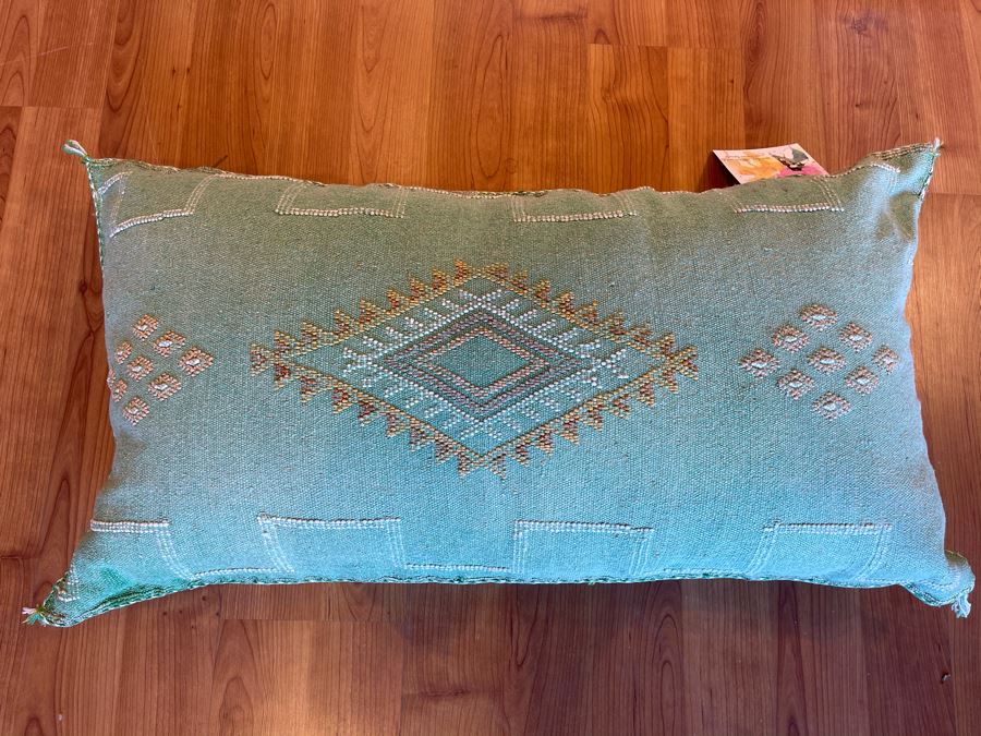 Large Moroccan Handmade Cactus Silk Organic Pillow Ocean Green Retails $225 [Photo 3]
