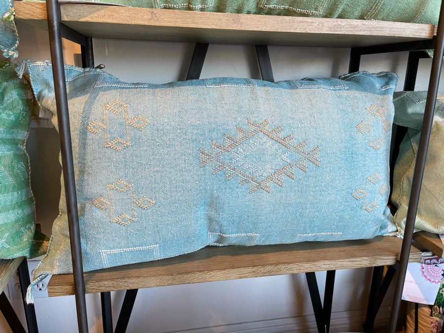 Large Moroccan Handmade Cactus Silk Organic Pillow Blue Retails $225 [Photo 2]