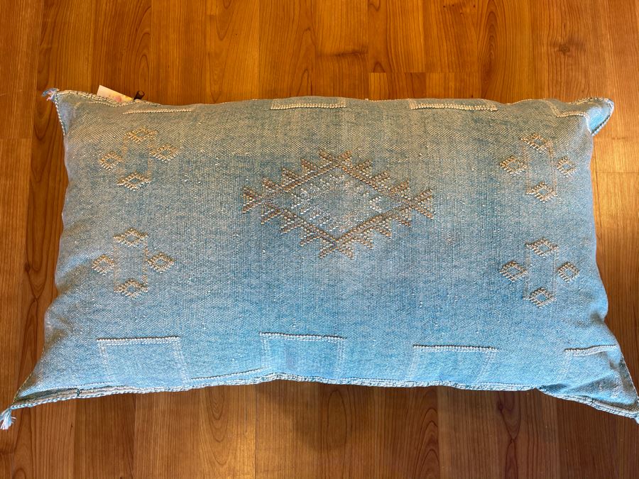 Large Moroccan Handmade Cactus Silk Organic Pillow Blue Retails $225 [Photo 3]