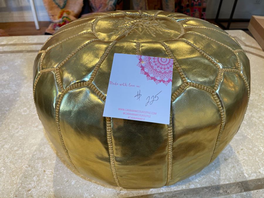 Moroccan Leather Pouf Ottoman Footstool In Gold Apx 22'W X 13'H Retails $225