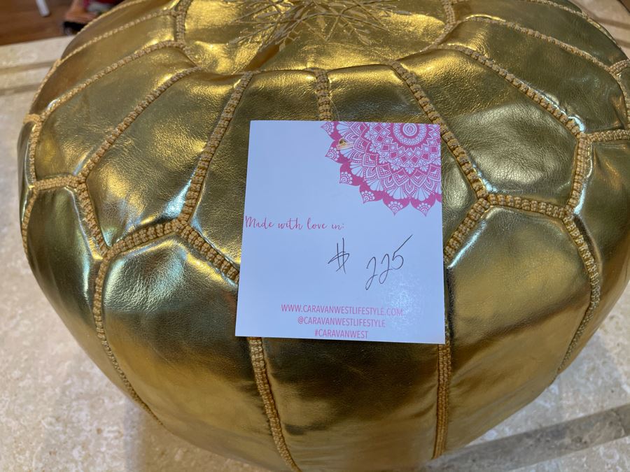 Moroccan Leather Pouf Ottoman Footstool In Gold Apx 22'W X 13'H Retails $225 [Photo 4]