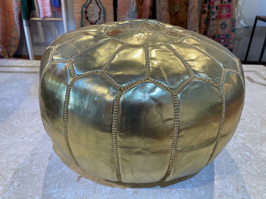 Moroccan Leather Pouf Ottoman Footstool In Gold Apx 22'W X 13'H Retails $225 [Photo 5]