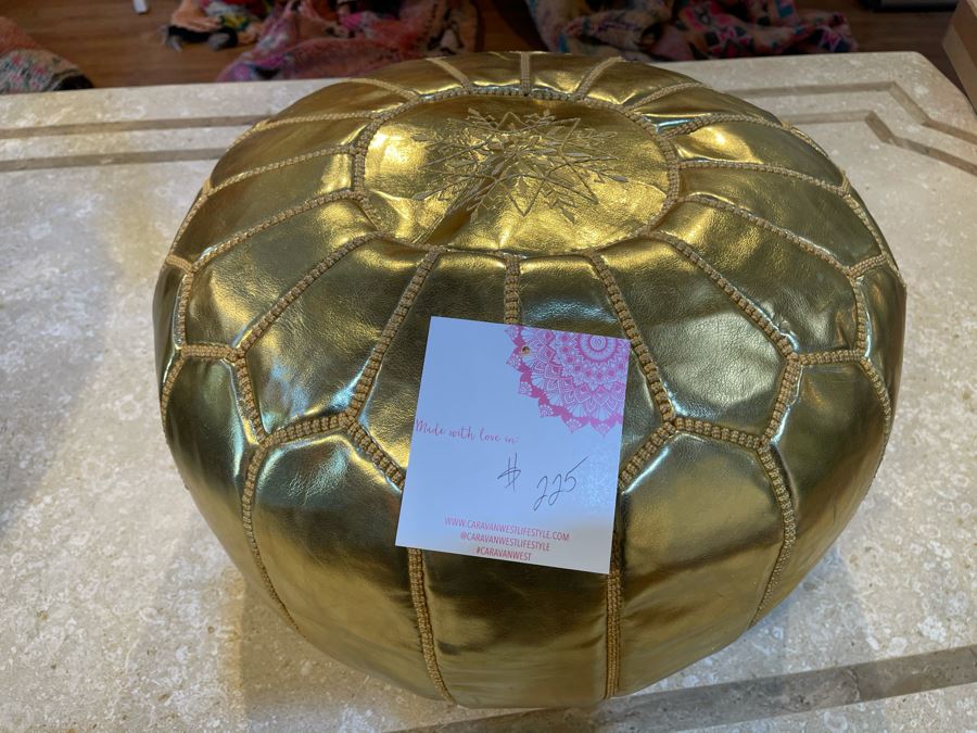 Moroccan Leather Pouf Ottoman Footstool In Gold Apx 22'W X 13'H Retails $225 [Photo 2]