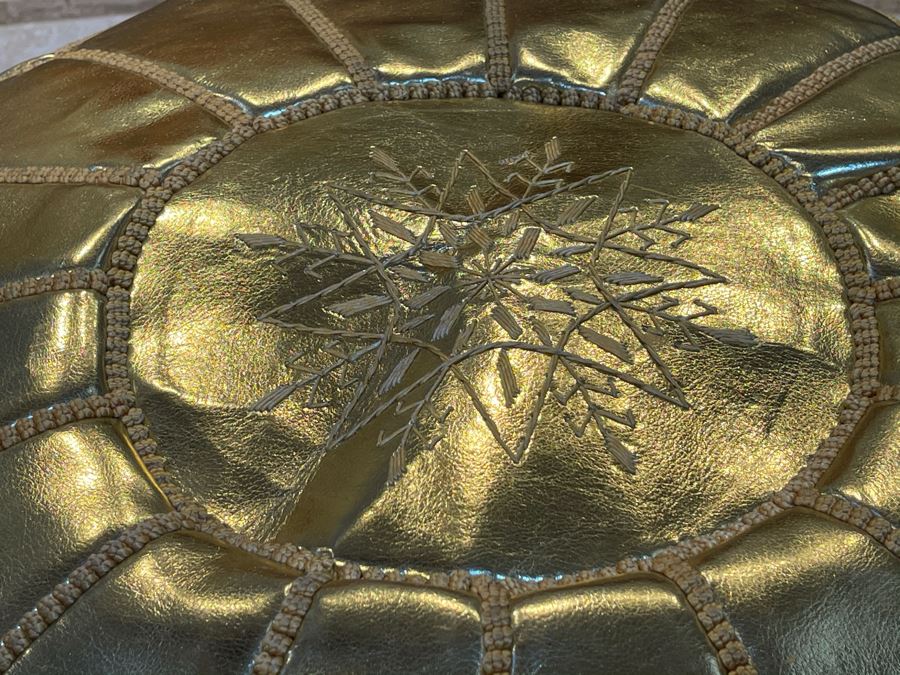 Moroccan Leather Pouf Ottoman Footstool In Gold Apx 22'W X 13'H Retails $225 [Photo 3]