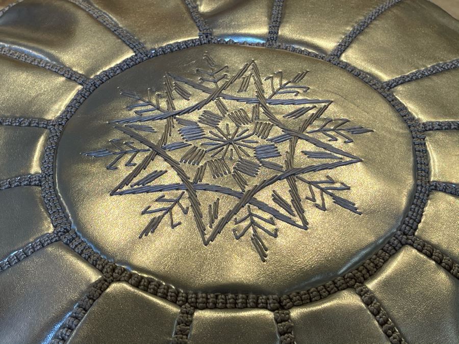 Moroccan Leather Pouf Ottoman Footstool In Silver Apx 22'W X 13'H Retails $225 [Photo 3]