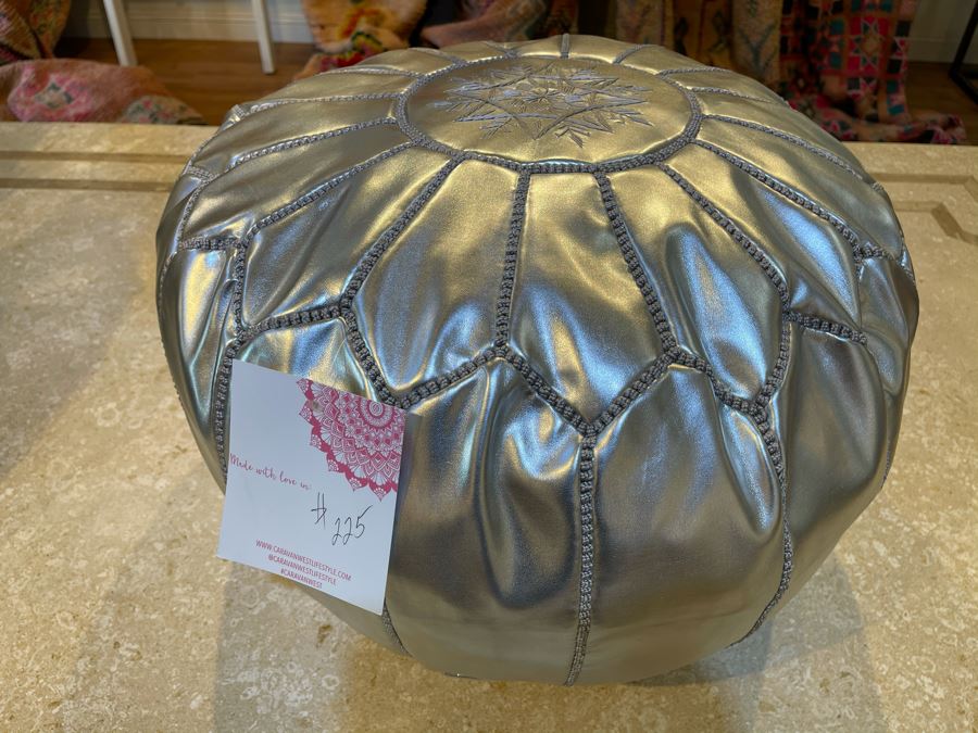 Moroccan Leather Pouf Ottoman Footstool In Silver Apx 22'W X 13'H Retails $225 [Photo 1]