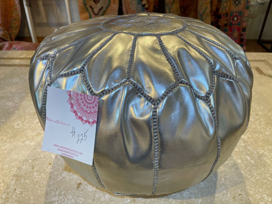 Moroccan Leather Pouf Ottoman Footstool In Silver Apx 22'W X 13'H Retails $225 [Photo 2]