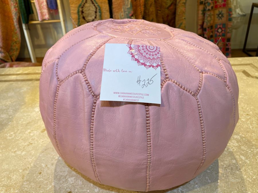 Moroccan Leather Pouf Ottoman Footstool In Pink Apx 22'W X 13'H Retails $225 [Photo 2]