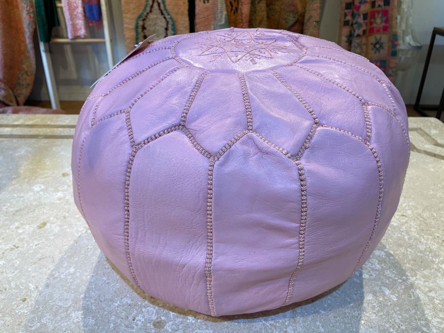 Moroccan Leather Pouf Ottoman Footstool In Pink Apx 22'W X 13'H Retails $225 [Photo 4]