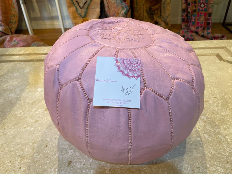 Moroccan Leather Pouf Ottoman Footstool In Pink Apx 22'W X 13'H Retails $225 [Photo 3]