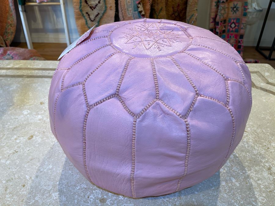 Moroccan Leather Pouf Ottoman Footstool In Pink Apx 22'W X 13'H Retails $225 [Photo 5]