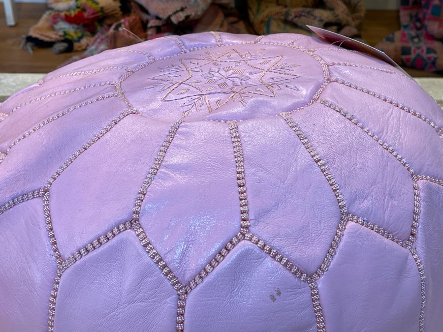 Moroccan Leather Pouf Ottoman Footstool In Pink Apx 22'W X 13'H Retails $225 [Photo 6]