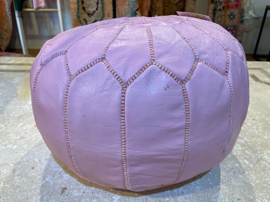 Moroccan Leather Pouf Ottoman Footstool In Pink Apx 22'W X 13'H Retails $225 [Photo 7]