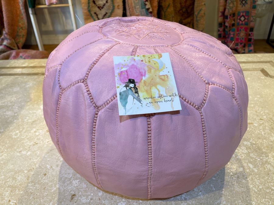 Moroccan Leather Pouf Ottoman Footstool In Pink Apx 22'W X 13'H Retails $225 [Photo 1]