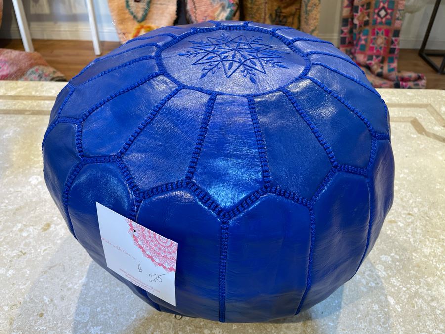Moroccan Leather Pouf Ottoman Footstool In Blue Apx 22'W X 13'H Retails $225 [Photo 1]
