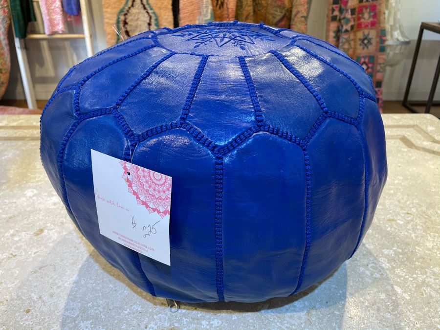 Moroccan Leather Pouf Ottoman Footstool In Blue Apx 22'W X 13'H Retails $225 [Photo 2]