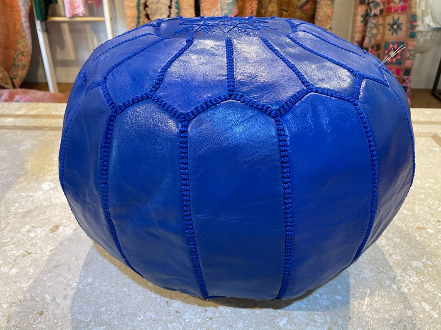 Moroccan Leather Pouf Ottoman Footstool In Blue Apx 22'W X 13'H Retails $225 [Photo 5]
