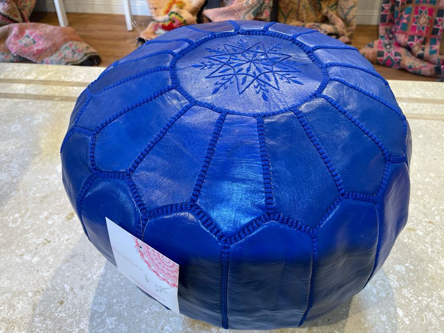 Moroccan Leather Pouf Ottoman Footstool In Blue Apx 22'W X 13'H Retails $225 [Photo 3]