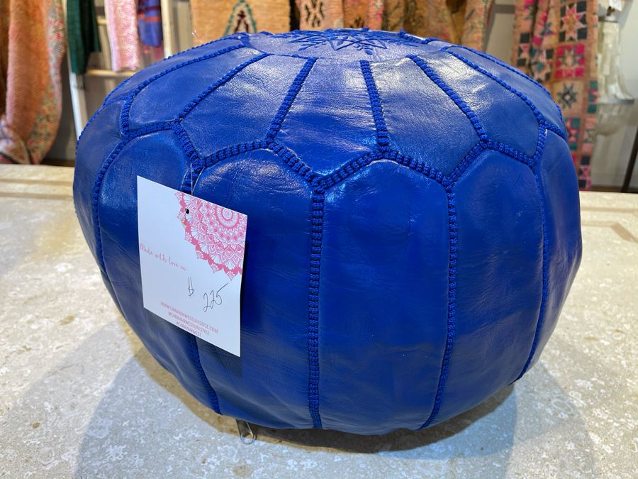 Moroccan Leather Pouf Ottoman Footstool In Blue Apx 22'W X 13'H Retails $225 [Photo 4]