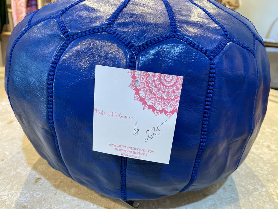 Moroccan Leather Pouf Ottoman Footstool In Blue Apx 22'W X 13'H Retails $225 [Photo 7]