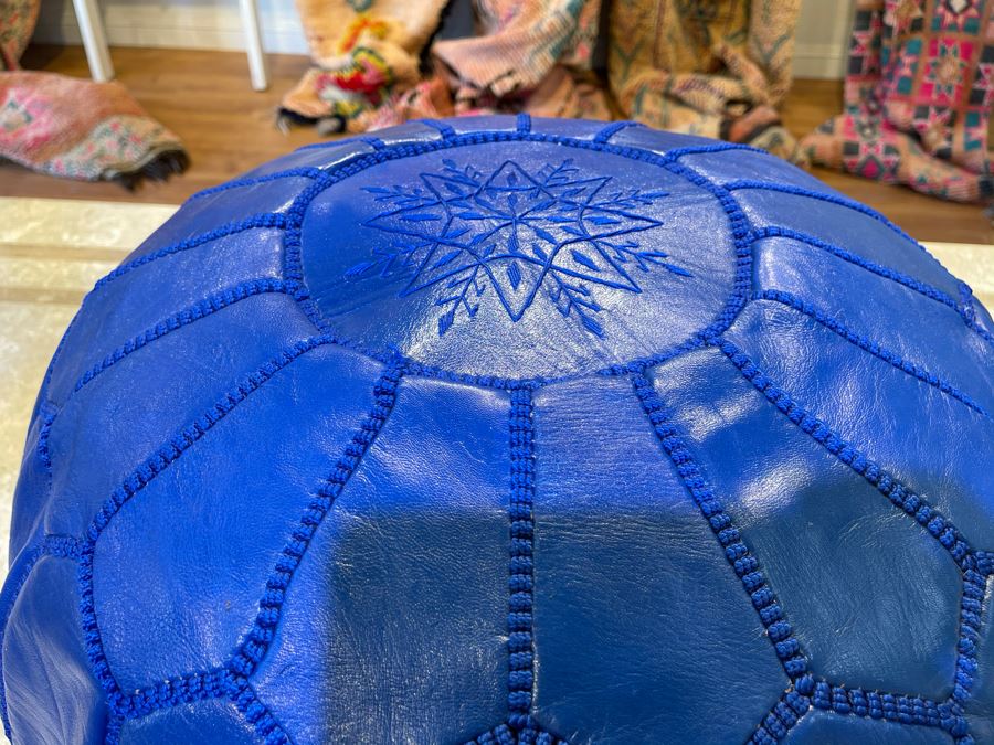 Moroccan Leather Pouf Ottoman Footstool In Blue Apx 22'W X 13'H Retails $225 [Photo 6]